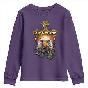 Christian Biker I Ride With Jesus Youth Sweatshirt Religious Faith Motorcycle Rider Eagle TS11 Purple Print Your Wear