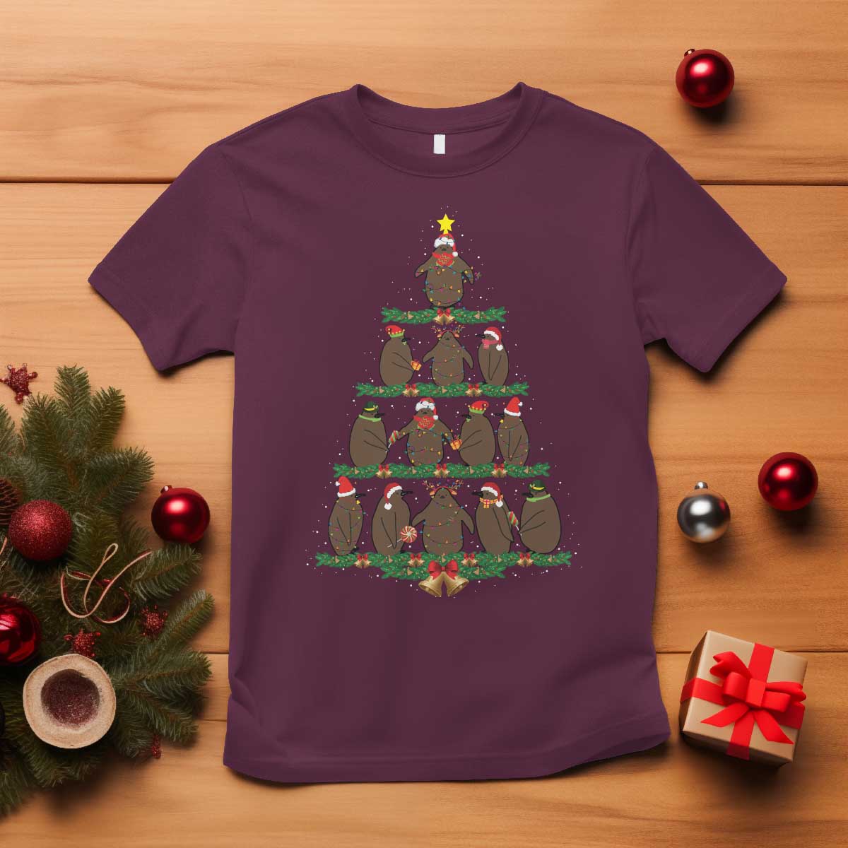 Funny Pesto Christmas Penguin Christmas Tree T Shirt TS11 Maroon Print Your Wear