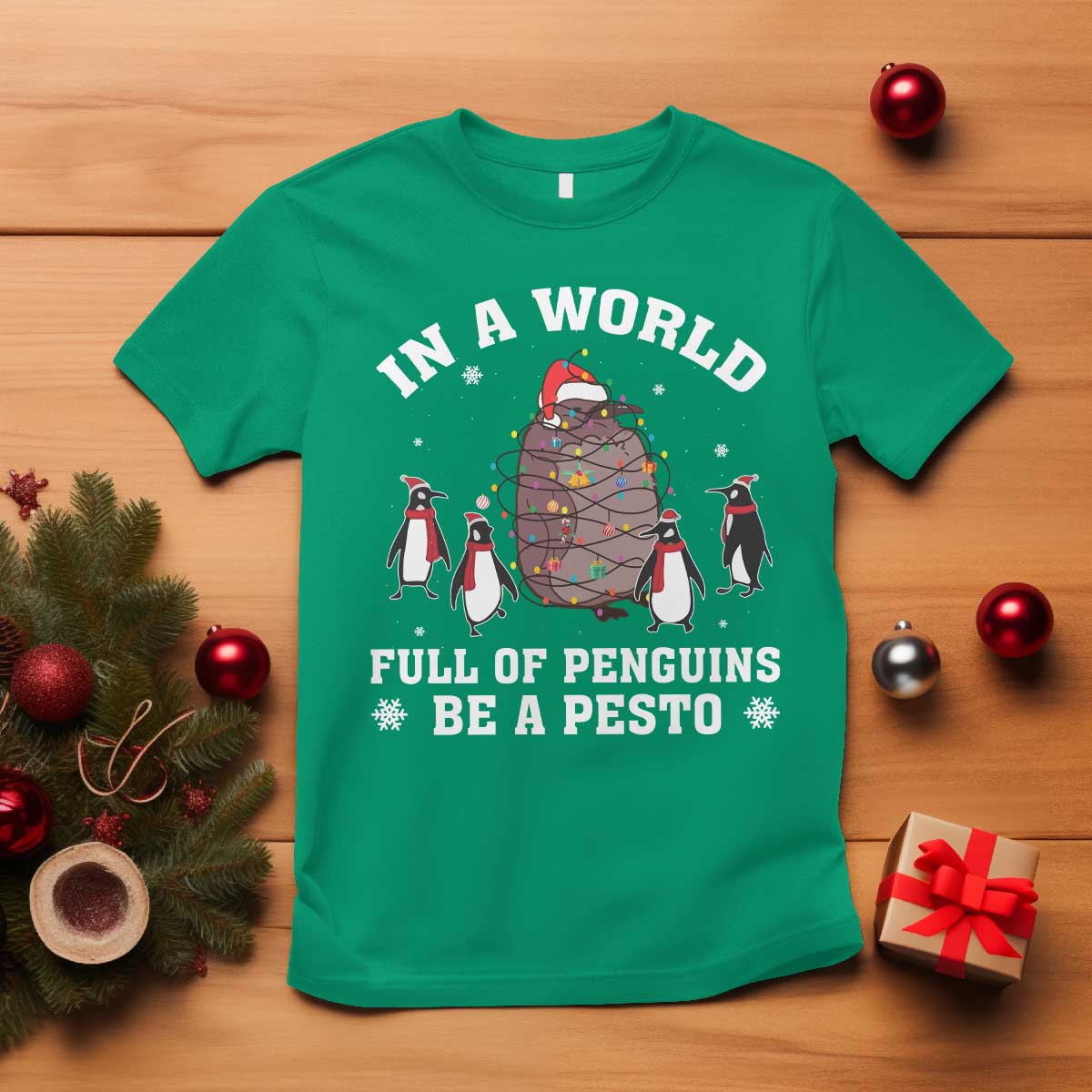 Funny Pesto Christmas Penguin T Shirt In A World Full Of Penguins Be A Pesto Xmas Santa Hat TS11 Irish Green Print Your Wear