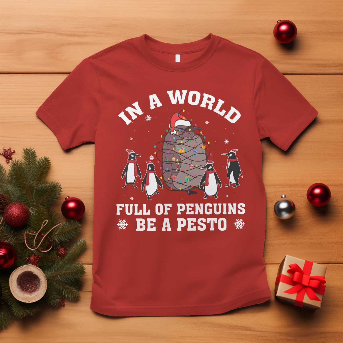 Funny Pesto Christmas Penguin T Shirt In A World Full Of Penguins Be A Pesto Xmas Santa Hat TS11 Red Print Your Wear