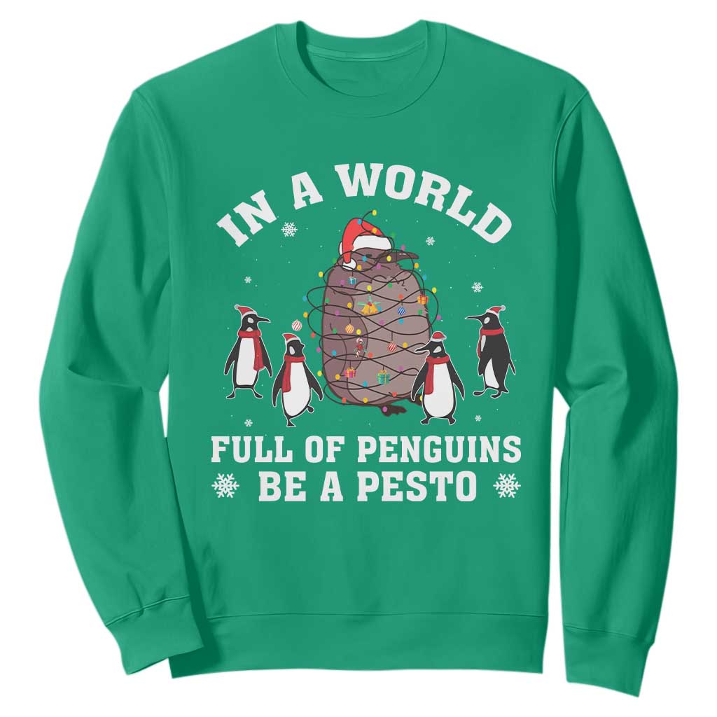 Funny Pesto Christmas Penguin Sweatshirt In A World Full Of Penguins Be A Pesto Xmas Santa Hat TS11 Irish Green Print Your Wear