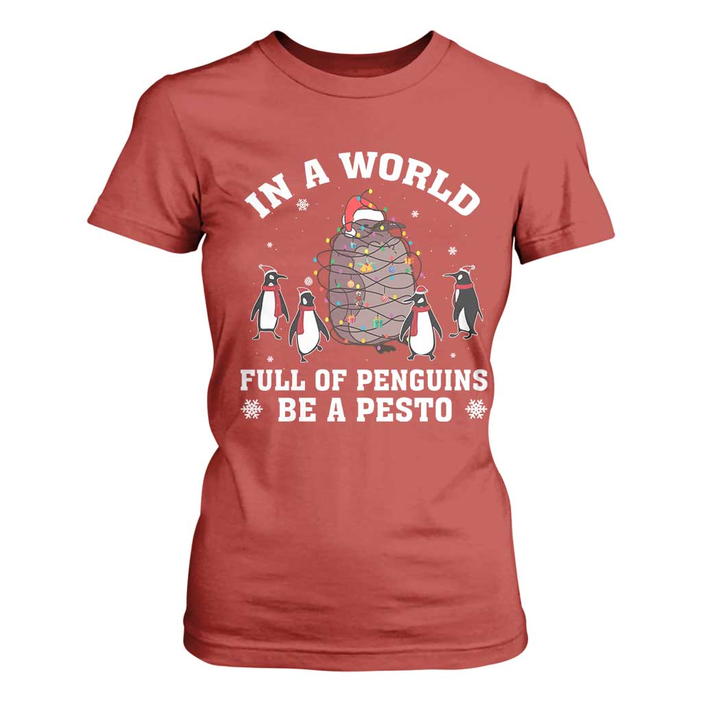 Funny Pesto Christmas Penguin T Shirt For Women In A World Full Of Penguins Be A Pesto Xmas Santa Hat TS11 Red Print Your Wear