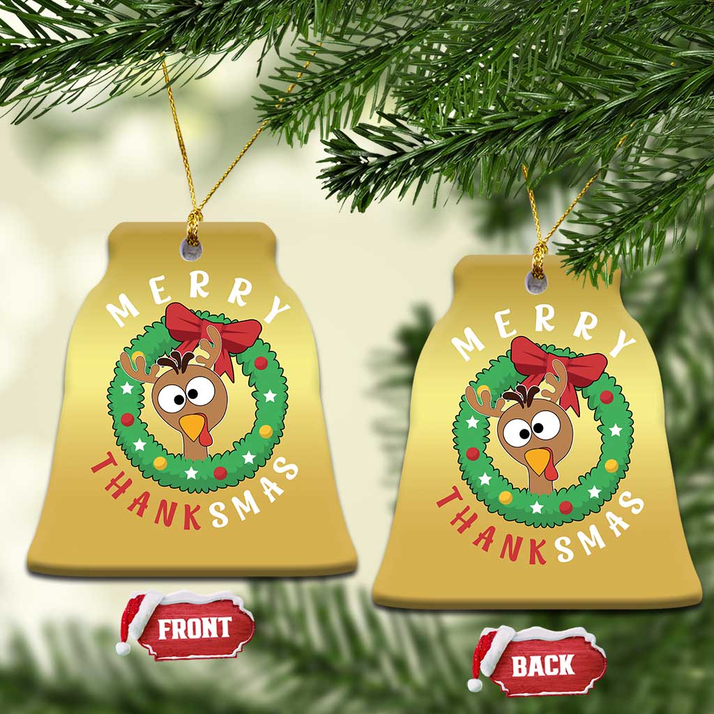 Funny Thanksgiving Xmas Christmas Ornament Merry Thanksmas Turkey Reindeer Antler TS11 Bell Flake Gold Print Your Wear