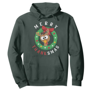Funny Thanksgiving Christmas Hoodie Merry Thanksmas Turkey Reindeer Antler TS11 Dark Forest Green Print Your Wear