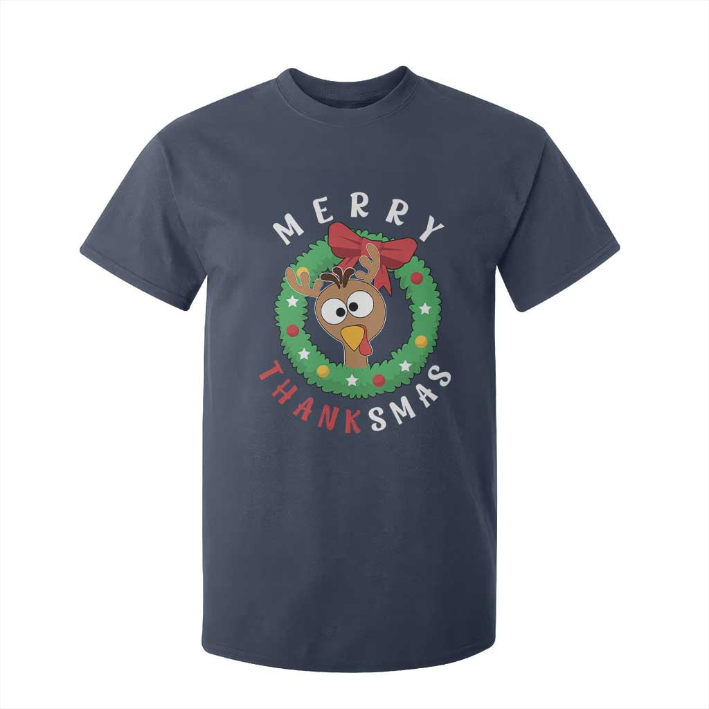 Funny Thanksgiving Christmas T Shirt For Kid Merry Thanksmas Turkey Reindeer Antler TS11 Navy Print Your Wear
