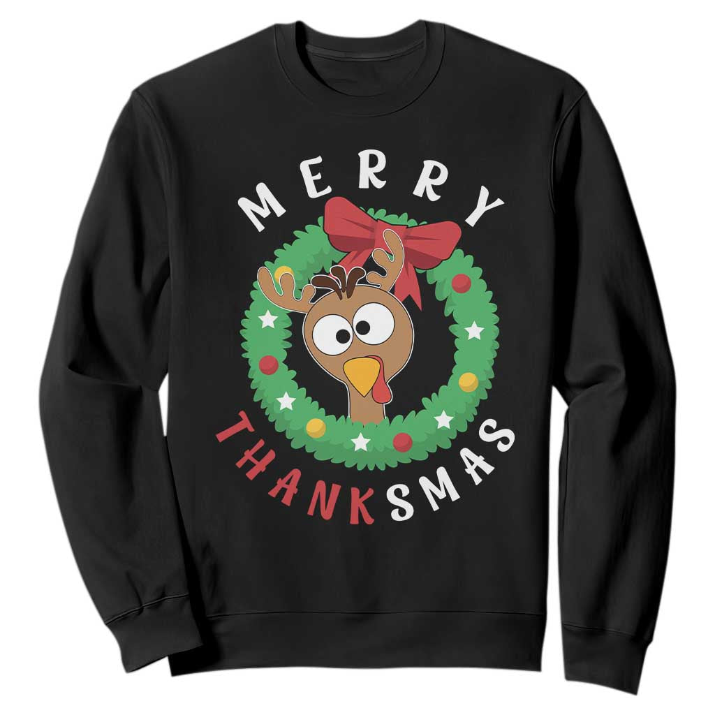 Funny Thanksgiving Christmas Sweatshirt Merry Thanksmas Turkey Reindeer Antler TS11 Black Print Your Wear