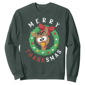 Funny Thanksgiving Christmas Sweatshirt Merry Thanksmas Turkey Reindeer Antler TS11 Dark Forest Green Print Your Wear
