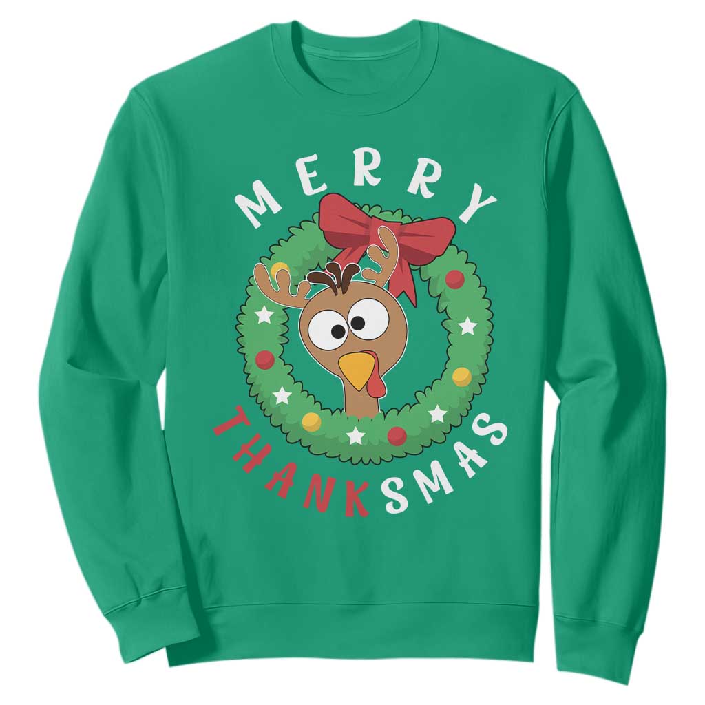 Funny Thanksgiving Christmas Sweatshirt Merry Thanksmas Turkey Reindeer Antler TS11 Irish Green Print Your Wear