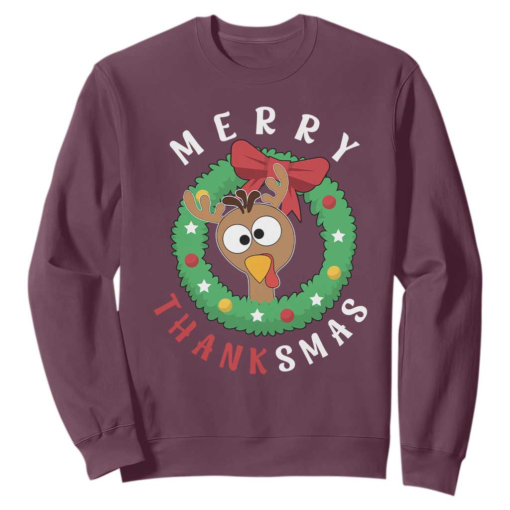 Funny Thanksgiving Christmas Sweatshirt Merry Thanksmas Turkey Reindeer Antler TS11 Maroon Print Your Wear