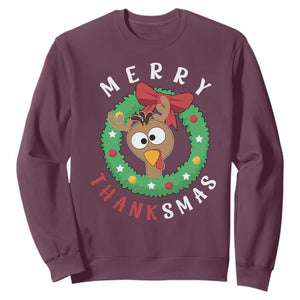 Funny Thanksgiving Christmas Sweatshirt Merry Thanksmas Turkey Reindeer Antler TS11 Maroon Print Your Wear