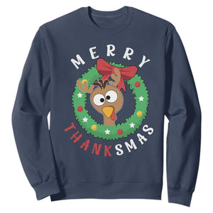 Funny Thanksgiving Christmas Sweatshirt Merry Thanksmas Turkey Reindeer Antler TS11 Navy Print Your Wear