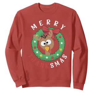 Funny Thanksgiving Christmas Sweatshirt Merry Thanksmas Turkey Reindeer Antler TS11 Red Print Your Wear