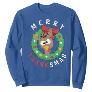 Funny Thanksgiving Christmas Sweatshirt Merry Thanksmas Turkey Reindeer Antler TS11 Royal Blue Print Your Wear
