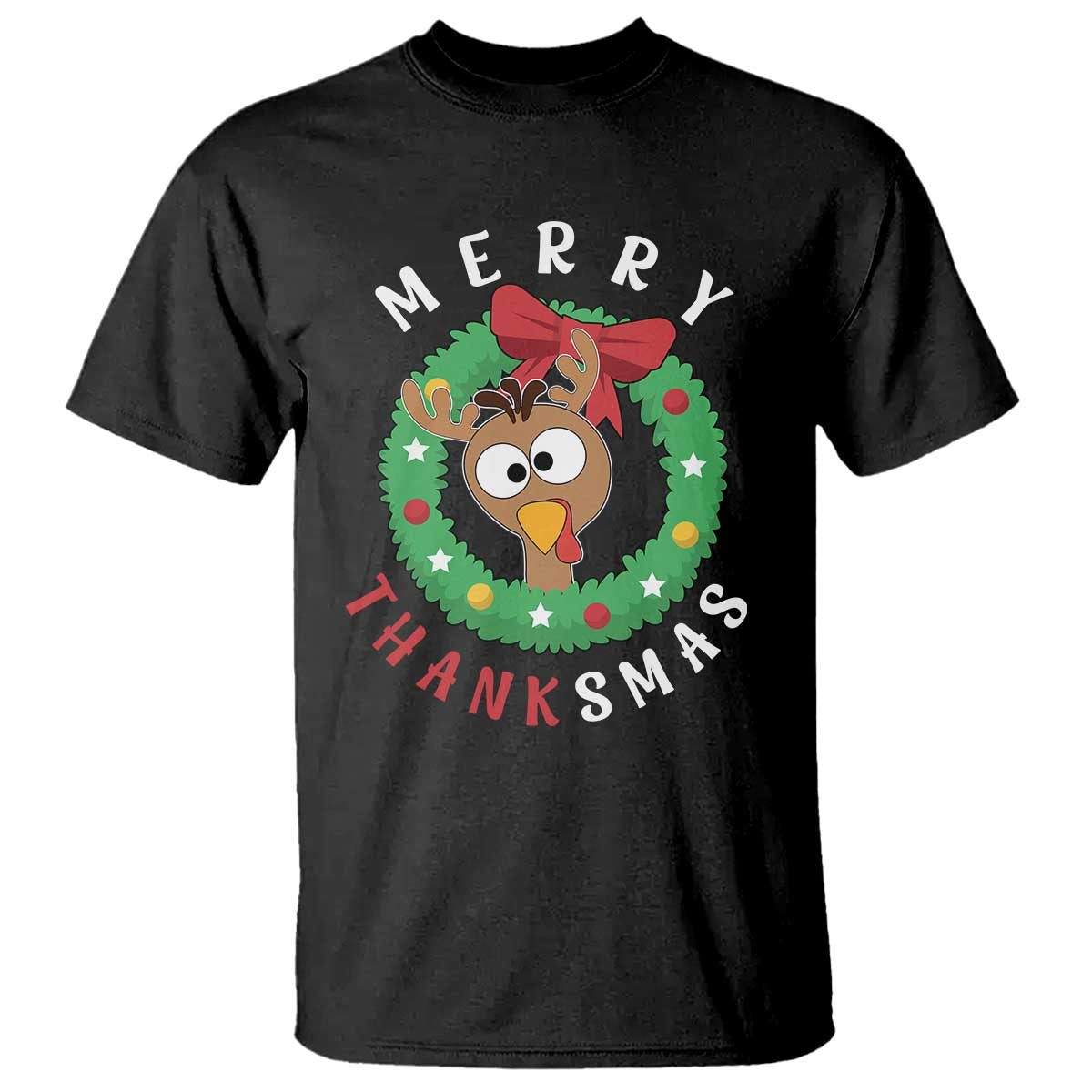 Funny Thanksgiving Christmas T Shirt Merry Thanksmas Turkey Reindeer Antler TS11 Black Print Your Wear