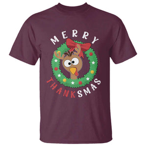 Funny Thanksgiving Christmas T Shirt Merry Thanksmas Turkey Reindeer Antler TS11 Maroon Print Your Wear