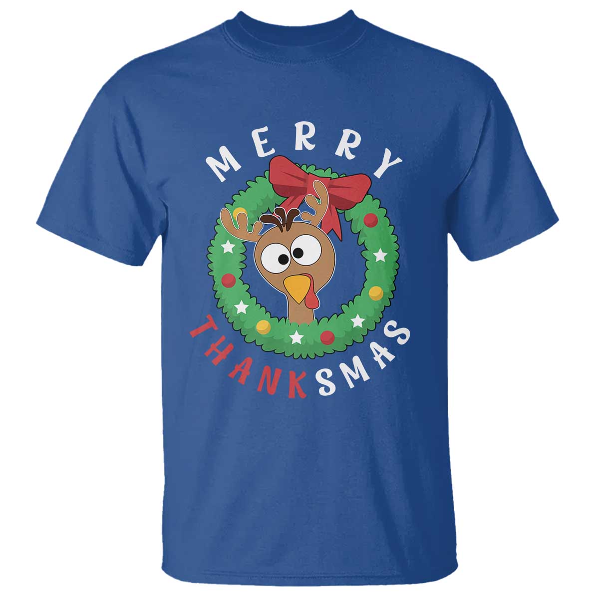 Funny Thanksgiving Christmas T Shirt Merry Thanksmas Turkey Reindeer Antler TS11 Royal Blue Print Your Wear