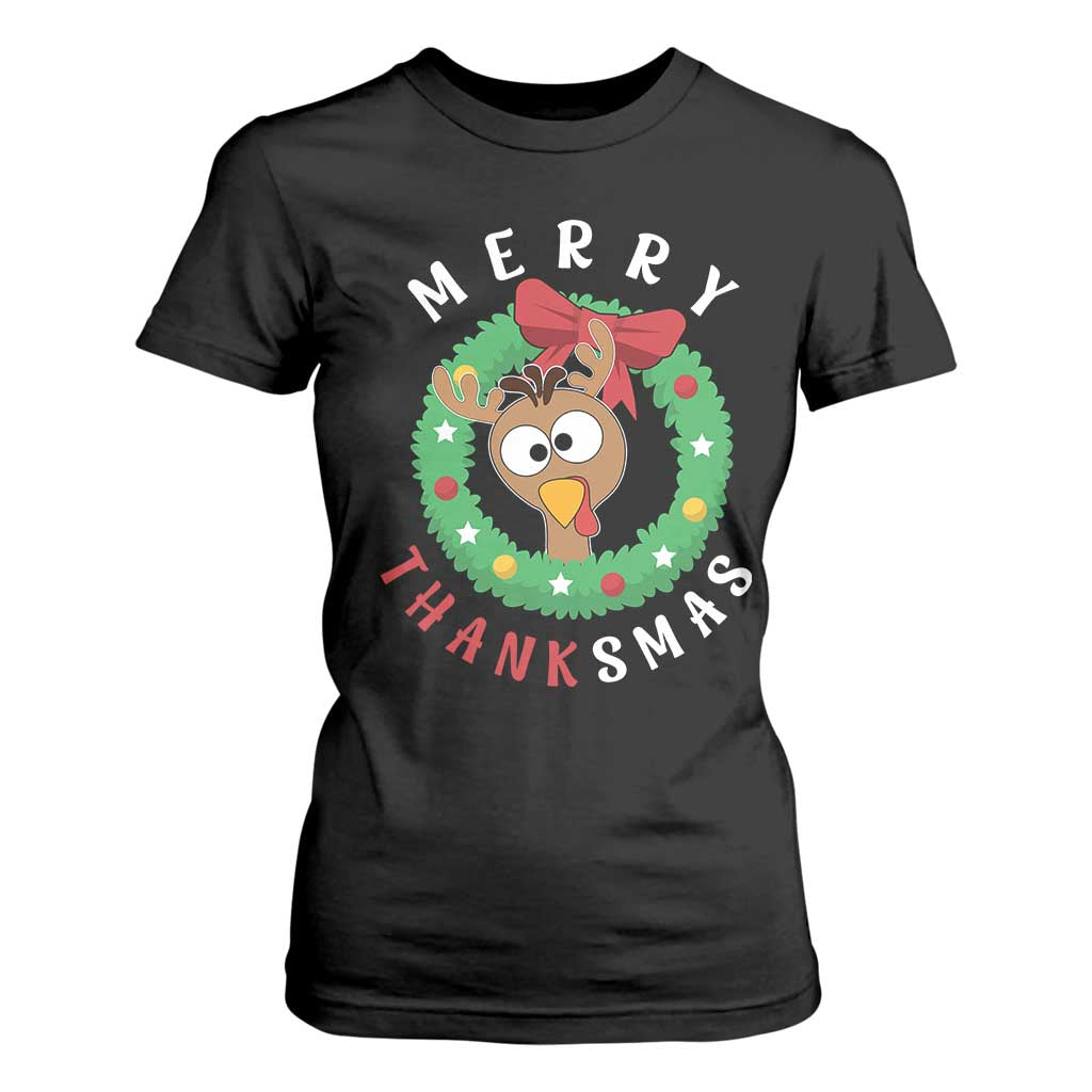 Funny Thanksgiving Christmas T Shirt For Women Merry Thanksmas Turkey Reindeer Antler TS11 Black Print Your Wear
