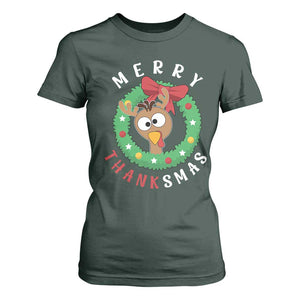Funny Thanksgiving Christmas T Shirt For Women Merry Thanksmas Turkey Reindeer Antler TS11 Dark Forest Green Print Your Wear