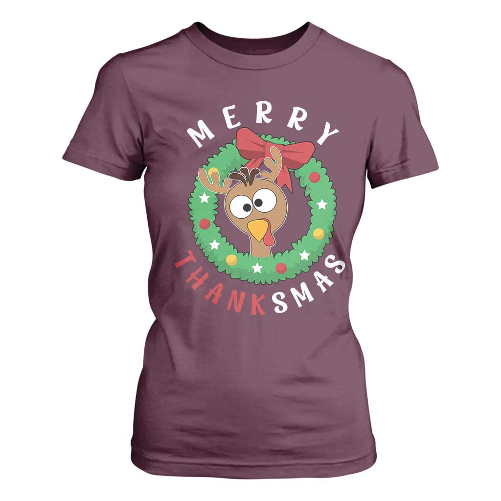 Funny Thanksgiving Christmas T Shirt For Women Merry Thanksmas Turkey Reindeer Antler TS11 Maroon Print Your Wear