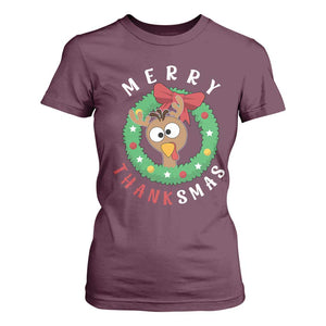 Funny Thanksgiving Christmas T Shirt For Women Merry Thanksmas Turkey Reindeer Antler TS11 Maroon Print Your Wear