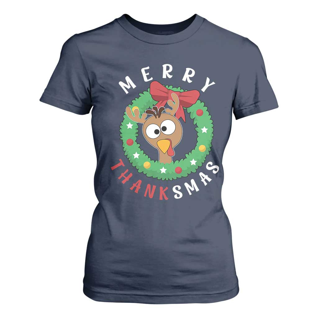 Funny Thanksgiving Christmas T Shirt For Women Merry Thanksmas Turkey Reindeer Antler TS11 Navy Print Your Wear