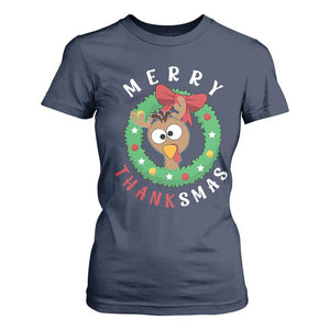 Funny Thanksgiving Christmas T Shirt For Women Merry Thanksmas Turkey Reindeer Antler TS11 Navy Print Your Wear