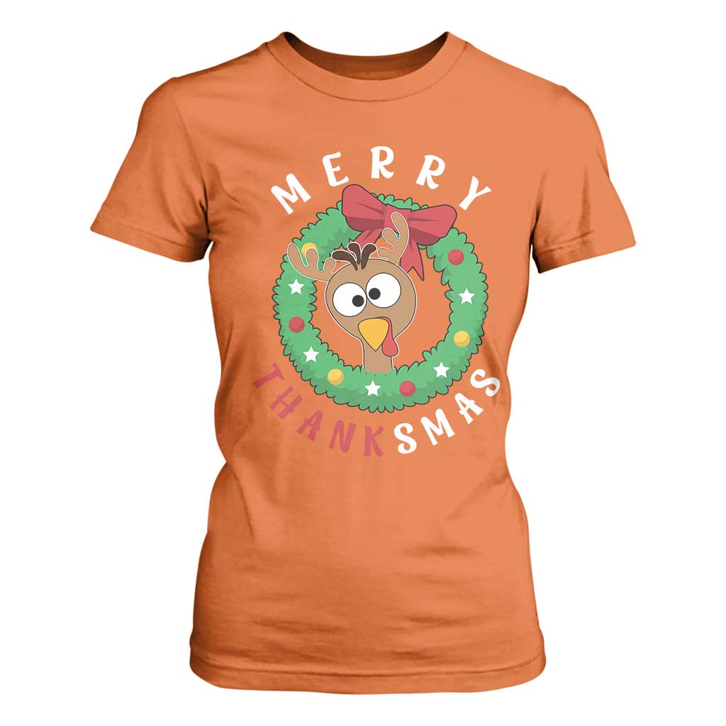 Funny Thanksgiving Christmas T Shirt For Women Merry Thanksmas Turkey Reindeer Antler TS11 Orange Print Your Wear