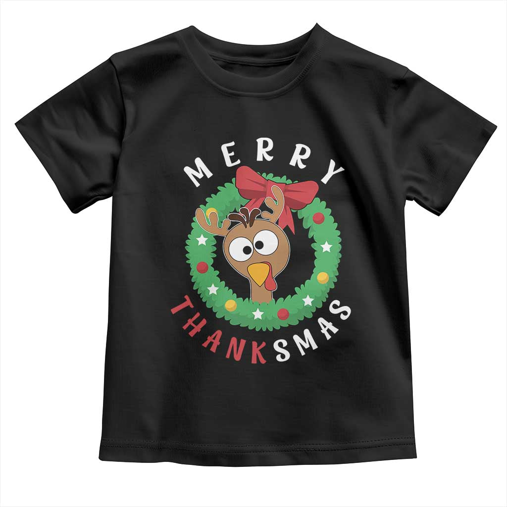 Funny Thanksgiving Christmas Toddler T Shirt Merry Thanksmas Turkey Reindeer Antler TS11 Black Print Your Wear