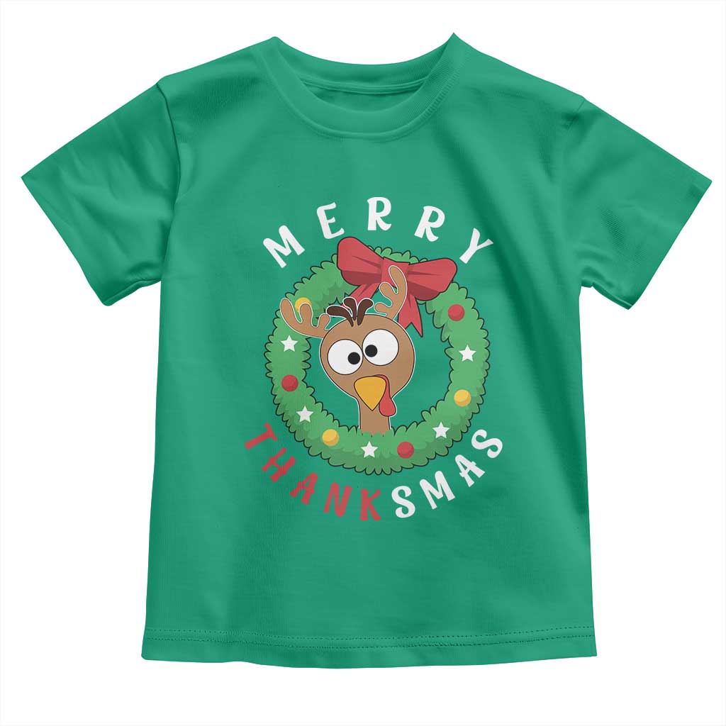 Funny Thanksgiving Christmas Toddler T Shirt Merry Thanksmas Turkey Reindeer Antler TS11 Irish Green Print Your Wear