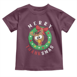 Funny Thanksgiving Christmas Toddler T Shirt Merry Thanksmas Turkey Reindeer Antler TS11 Maroon Print Your Wear