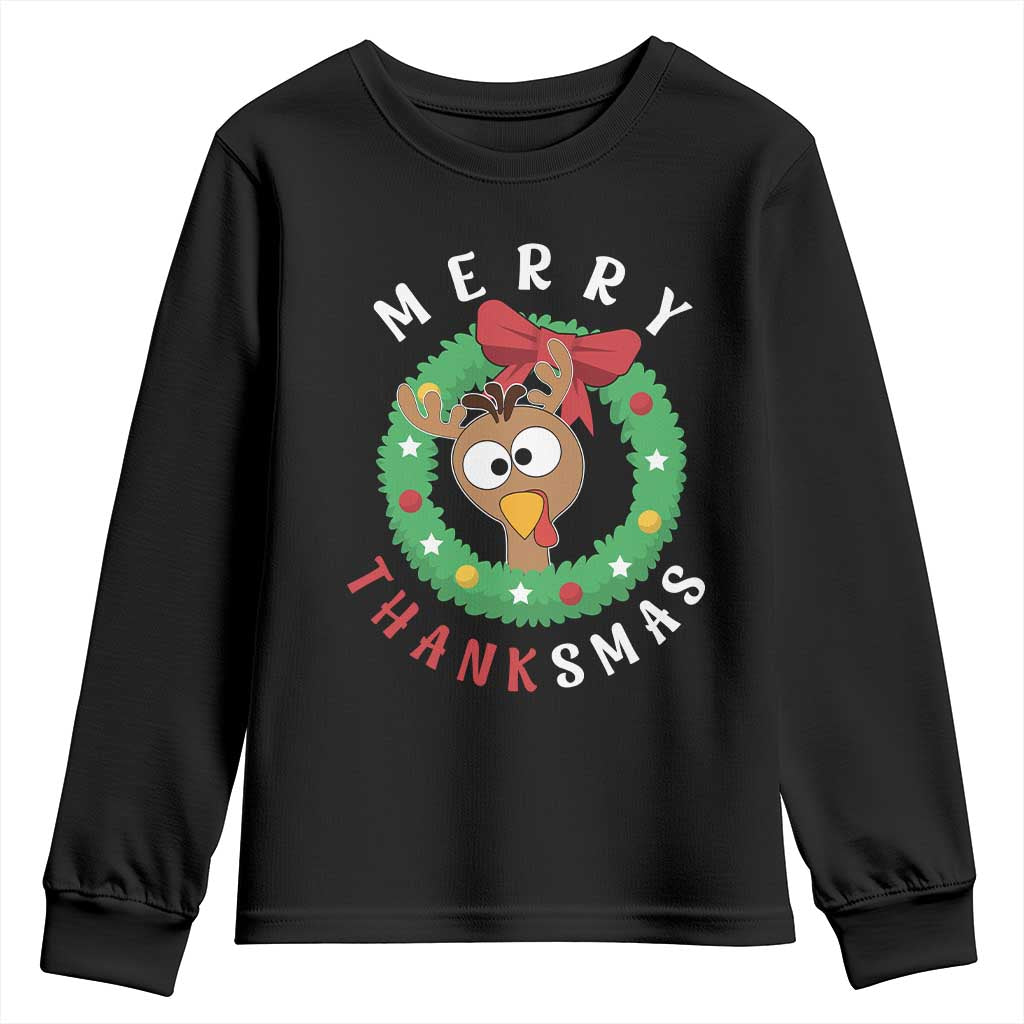 Funny Thanksgiving Christmas Youth Sweatshirt Merry Thanksmas Turkey Reindeer Antler TS11 Black Print Your Wear