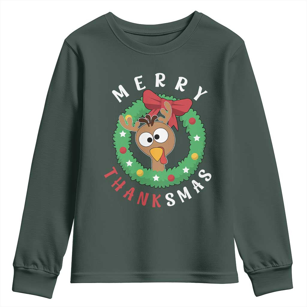 Funny Thanksgiving Christmas Youth Sweatshirt Merry Thanksmas Turkey Reindeer Antler TS11 Dark Forest Green Print Your Wear