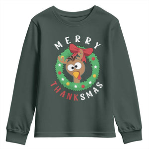 Funny Thanksgiving Christmas Youth Sweatshirt Merry Thanksmas Turkey Reindeer Antler TS11 Dark Forest Green Print Your Wear