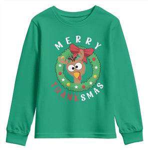 Funny Thanksgiving Christmas Youth Sweatshirt Merry Thanksmas Turkey Reindeer Antler TS11 Irish Green Print Your Wear