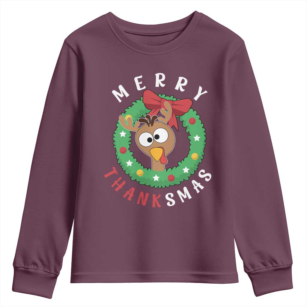 Funny Thanksgiving Christmas Youth Sweatshirt Merry Thanksmas Turkey Reindeer Antler TS11 Maroon Print Your Wear
