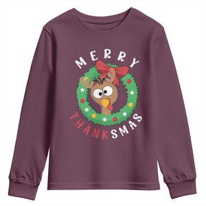 Funny Thanksgiving Christmas Youth Sweatshirt Merry Thanksmas Turkey Reindeer Antler TS11 Maroon Print Your Wear