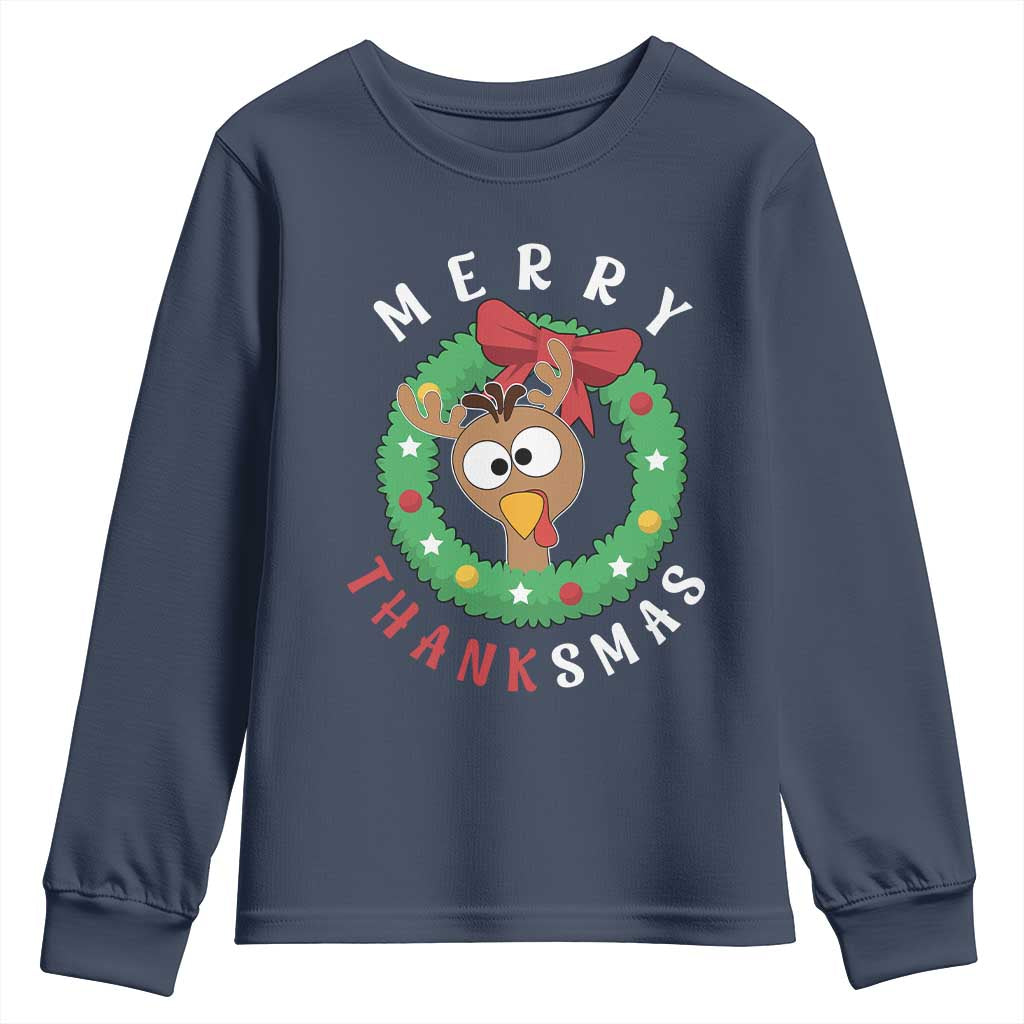 Funny Thanksgiving Christmas Youth Sweatshirt Merry Thanksmas Turkey Reindeer Antler TS11 Navy Print Your Wear