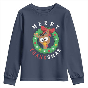 Funny Thanksgiving Christmas Youth Sweatshirt Merry Thanksmas Turkey Reindeer Antler TS11 Navy Print Your Wear