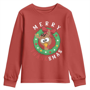 Funny Thanksgiving Christmas Youth Sweatshirt Merry Thanksmas Turkey Reindeer Antler TS11 Red Print Your Wear