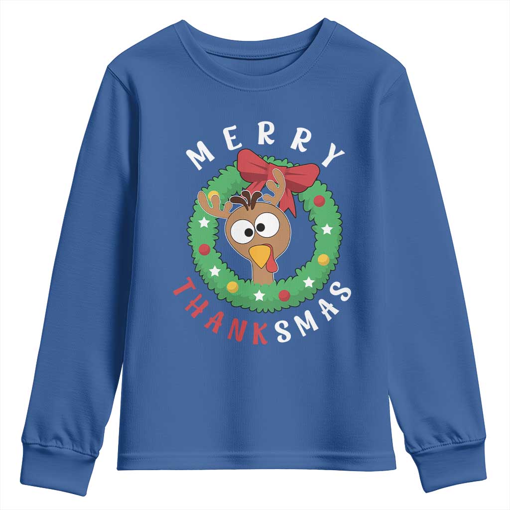 Funny Thanksgiving Christmas Youth Sweatshirt Merry Thanksmas Turkey Reindeer Antler TS11 Royal Blue Print Your Wear