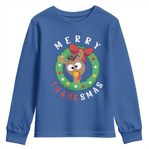 Funny Thanksgiving Christmas Youth Sweatshirt Merry Thanksmas Turkey Reindeer Antler TS11 Royal Blue Print Your Wear