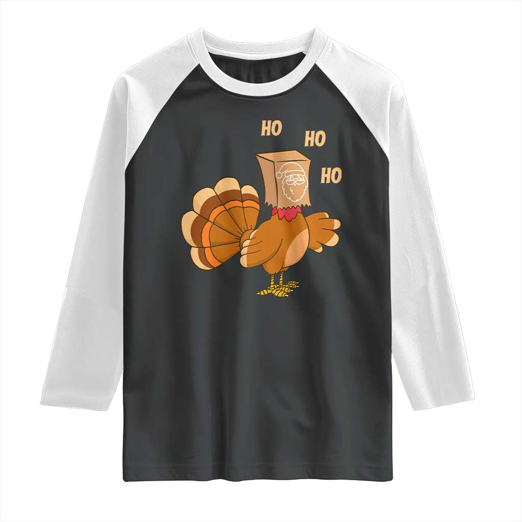 Funny Thanksgiving Christmas Triple Ho Santa Turkey Raglan Shirt TS11 Black White Print Your Wear