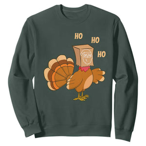 Funny Thanksgiving Christmas Triple Ho Santa Turkey Sweatshirt TS11 Dark Forest Green Print Your Wear