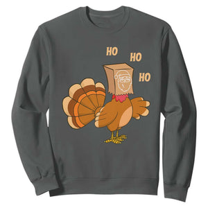 Funny Thanksgiving Christmas Triple Ho Santa Turkey Sweatshirt TS11 Dark Heather Print Your Wear