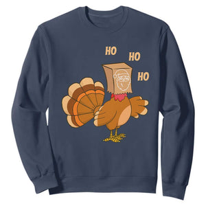 Funny Thanksgiving Christmas Triple Ho Santa Turkey Sweatshirt TS11 Navy Print Your Wear