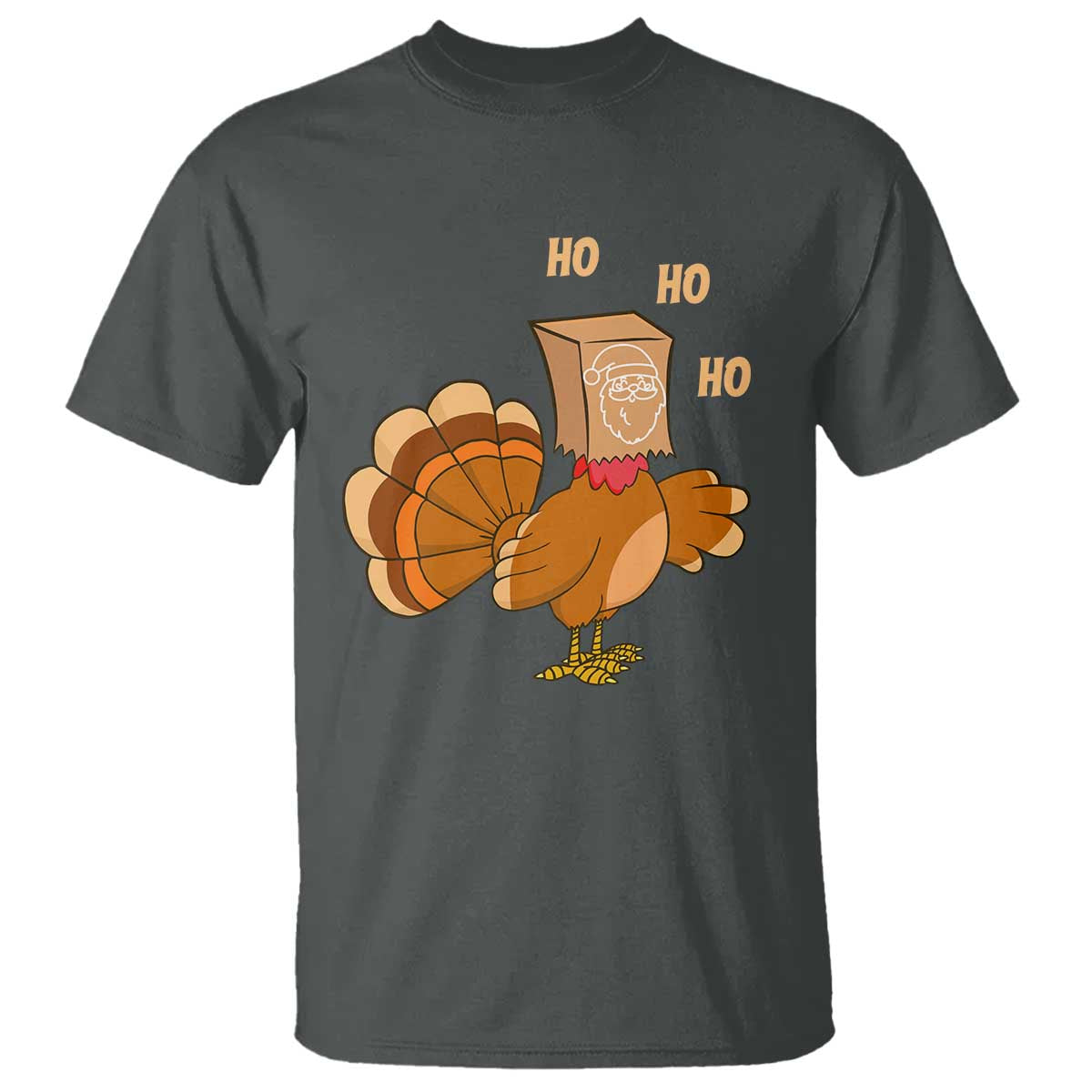 Funny Thanksgiving Christmas Triple Ho Santa Turkey T Shirt TS11 Dark Heather Print Your Wear