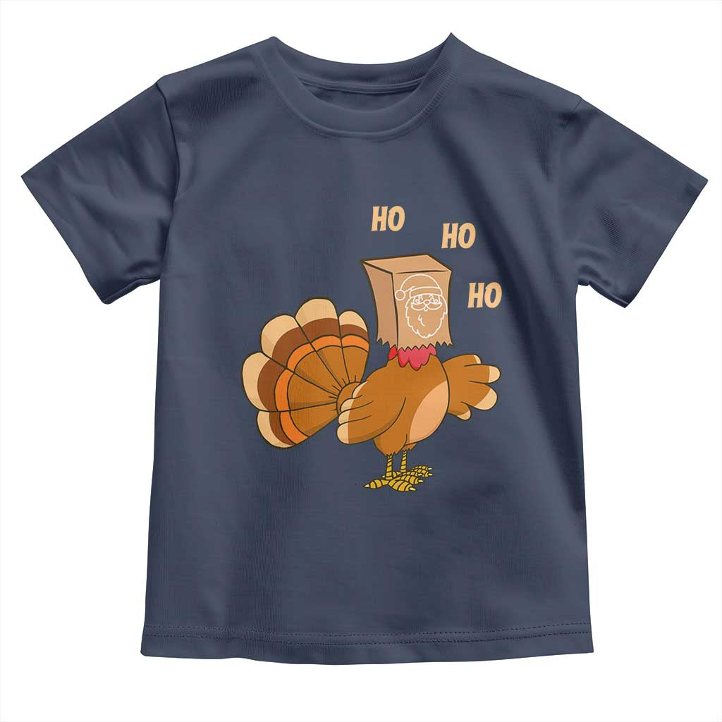 Funny Thanksgiving Christmas Triple Ho Santa Turkey Toddler T Shirt TS11 Navy Print Your Wear