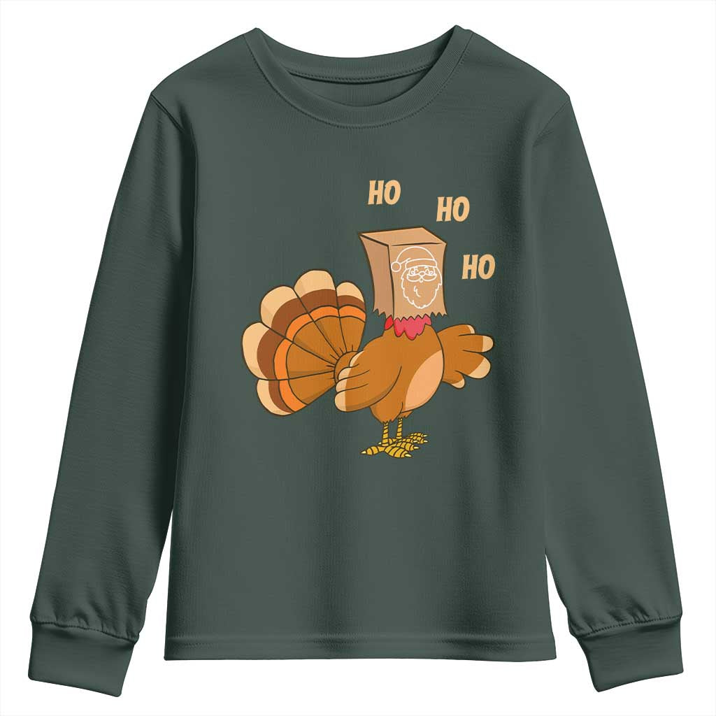 Funny Thanksgiving Christmas Triple Ho Santa Turkey Youth Sweatshirt TS11 Dark Forest Green Print Your Wear