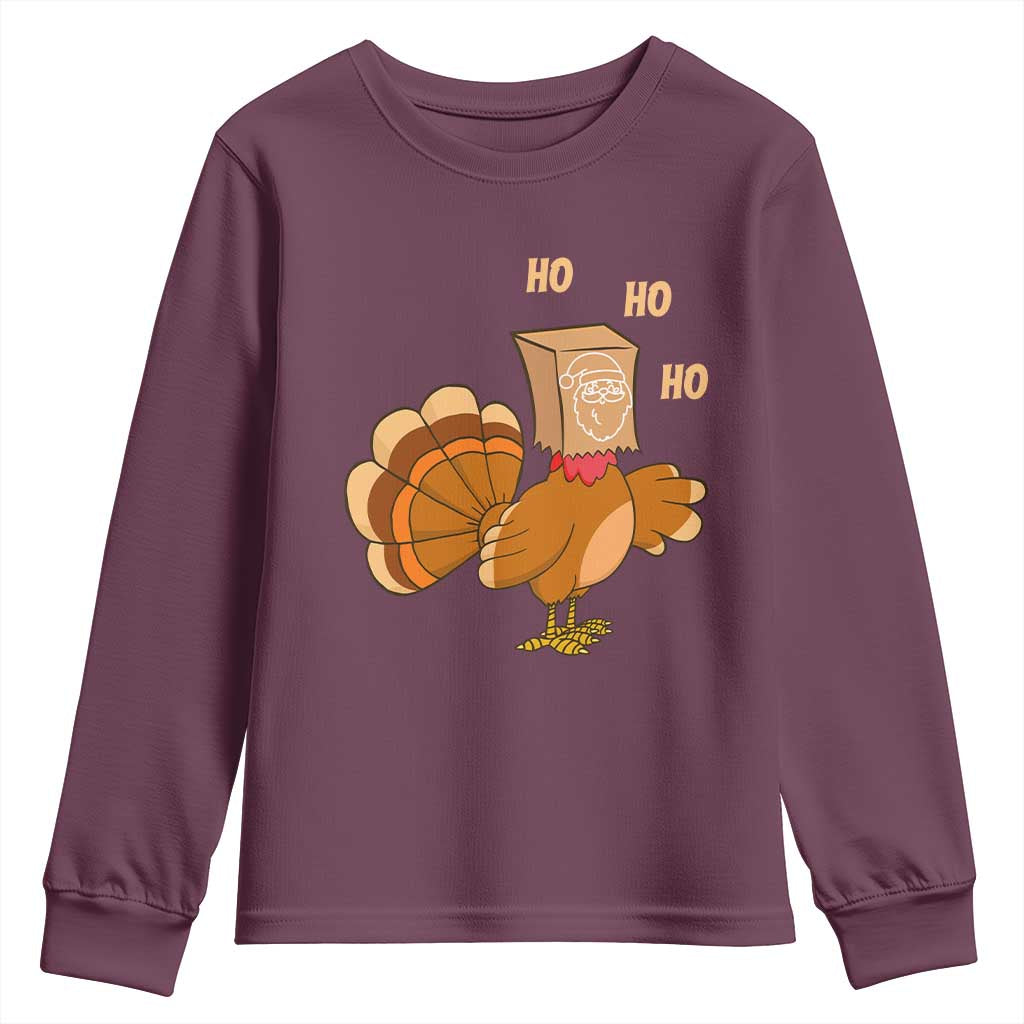 Funny Thanksgiving Christmas Triple Ho Santa Turkey Youth Sweatshirt TS11 Maroon Print Your Wear