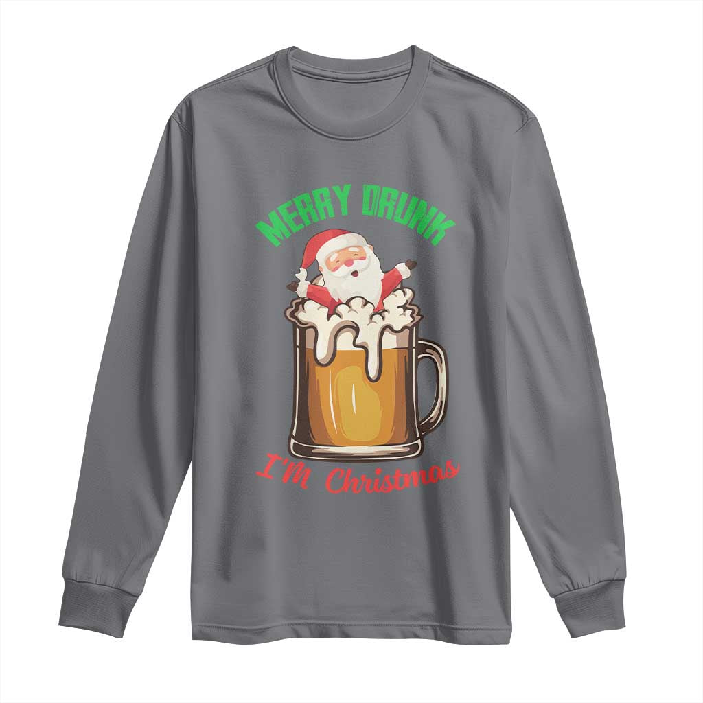 Funny Christmas Beer Long Sleeve Shirt Merry Drunk I'm Xmas Wasted Santa TS11 Charcoal Print Your Wear